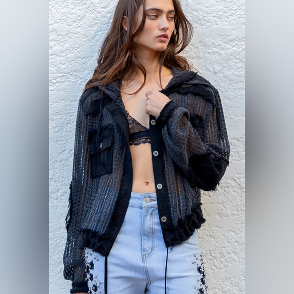 Open Knit Contrast Hooded Shacket with Frayed Edges - POL - Picture 2 of 6